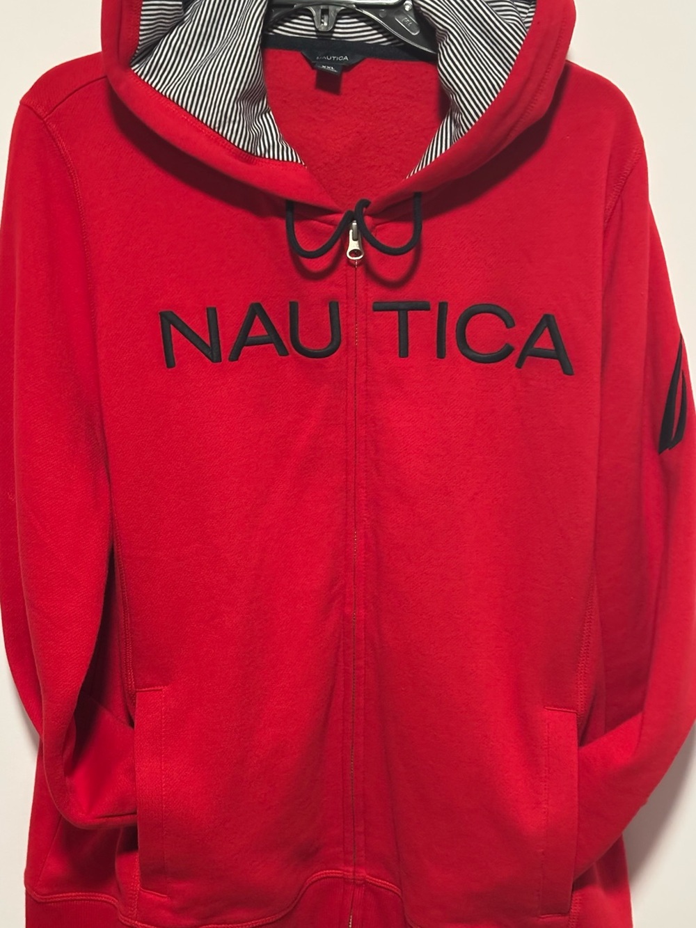 Nautica Red Full-Zip Hoodie with Striped Hood Lining